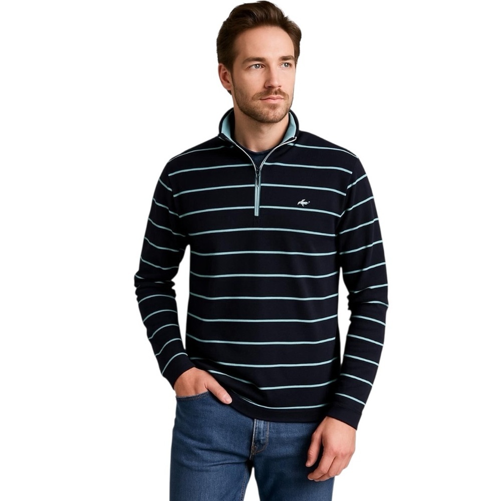 Greg Norman Tasso Elba Attack Life 1/4 Zip Navy & Aqua striped pullover Size XL